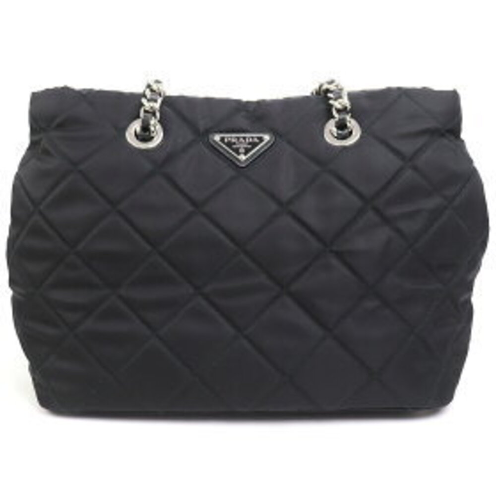 Prada Logo Chain Bag Tessuto Quilted Black Triangle Tote